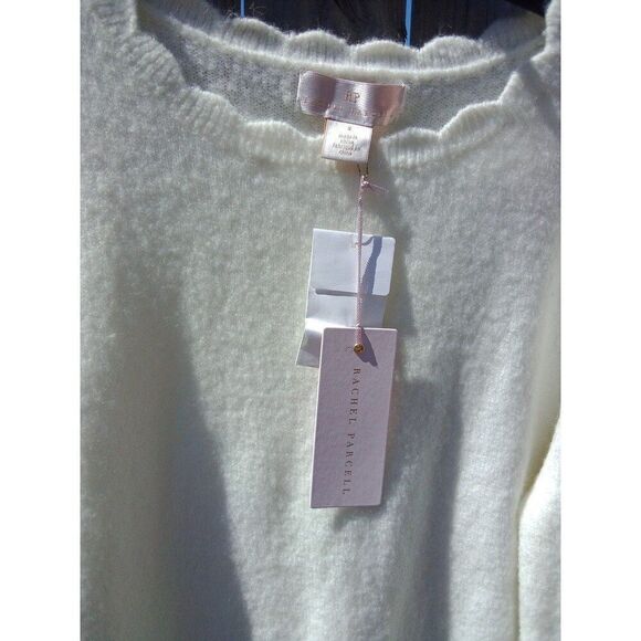 Rachel Parcell Sweater Small White Scalloped Neck Pearl Accent Long Sleeve NWT - Picture 2 of 5